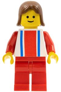 Female in Red & Blue Strip Shirt - Minifigure with vertical lines in red and blue, red arms, red legs, and brown female hair - ver016