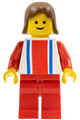 Minifigure with vertical lines in red and blue, red arms, red legs, and brown female hair - ver016