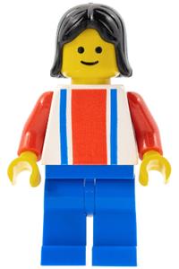 Female in Red & Blue Strip Shirt - Black-haired female minifigure with vertical red and blue lines, red arms, and blue legs - ver017