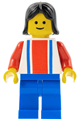 Black-haired female minifigure with vertical red and blue lines, red arms, and blue legs - ver017