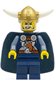 Viking minifigure with a blue chess king helmet featuring horns glued onto it - vik027