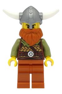 Viking Warrior Minifigure - Male Viking warrior with dark orange beard and legs, wearing medium nougat leather armor and a flat silver helmet - vik038