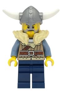 Viking Warrior Minifigure - Male Viking warrior wearing a dark tan jacket with tan fur, dark blue legs, and a flat silver helmet - vik040