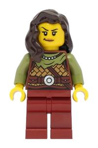 Viking Warrior Minifigure - Female Viking warrior with dark brown hair, wearing leather armor and dark red legs - vik041
