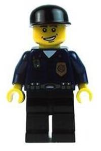 Patrolman Minifigure - World City Patrolman police minifigure with a dark blue shirt including a badge and radio, black legs, black cap, and a smile - wc005