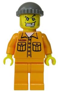 Jail Prisoner Minifigure - Prison inmate from World City wearing a medium orange jumpsuit and a dark gray knit cap - wc007