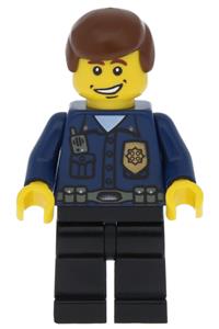 Patrolman Minifigure - World City Police patrolman with dark blue shirt, badge, and radio, black legs, brown male hair, with a smile - wc009