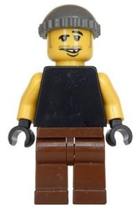 Male Minifigure - Minifigure with a plain black torso and yellow arms, brown legs, and a dark gray knit cap - wc011