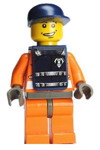 Coast Guard Crew Minifigure - World City Coast Guard minifigure wearing an orange jacket with zipper, dark blue cap, and vest with logo - wc012s