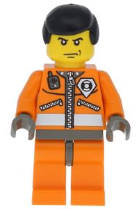 Coast Guard Crew Minifigure - Male Coast Guard in World City theme with an orange jacket with zipper and black male hair - wc014