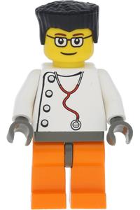 Doctor - Stethoscope with 4 Side Buttons, Orange Legs, Black Flat Top Hair, Glasses wc015
