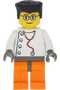 Doctor Minifigure - Doctor with black flat top hair, wearing glasses and orange legs, with a stethoscope featuring 4 side buttons - wc015