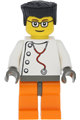 Doctor - Stethoscope with 4 Side Buttons, Orange Legs, Black Flat Top Hair, Glasses - wc015