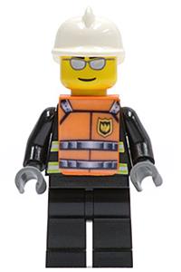 Firefighter Minifigure - Firefighter wearing a white helmet and silver sunglasses, orange vest with 'FIRE' pattern, and black legs - wc016s
