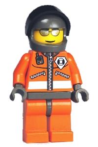 Coast Guard Crew Minifigure - Coast Guard World City mini figure with an orange jacket with zipper, orange sunglasses, dark bluish gray helmet, and dark gray hands - wc018