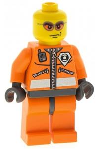 Coast Guard Crew Minifigure - Coast Guard minifigure wearing an orange jacket with a zipper, orange sunglasses, dark bluish gray helmet, and hands - wc018a
