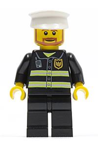 Firefighter Minifigure - Firefighter wearing a white hat, black legs, and reflective stripes - wc020