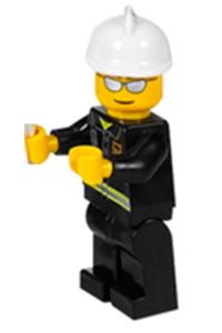 Firefighter Minifigure - Firefighter with reflective stripes, wearing a white fire helmet and silver sunglasses, paired with black legs - wc021