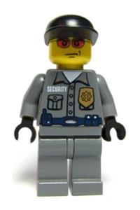Security Guard Minifigure - Security guard police minifigure with black cap and dark bluish gray legs - wc022