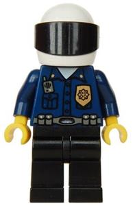 Police - World City Patrolman, Dark Blue Shirt with Badge and Radio, Black Legs, White Helmet, Black Visor wc023