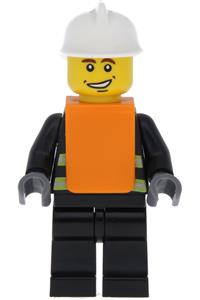Firefighter Minifigure - Firefighter with a smile, white fire helmet, orange vest with reflective stripes, and black legs - wc024