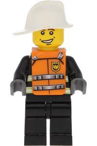 Reflective Stripes, Black Legs, White Fire Helmet, Smile, Orange Vest with Straps and Fire Logo wc024s