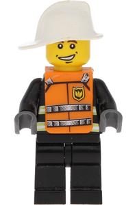 Firefighter Minifigure - Reflective Stripes, Black Legs, White Fire Helmet, Smile, Orange Vest with Straps and Fire Logo - wc024s