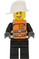 Reflective Stripes, Black Legs, White Fire Helmet, Smile, Orange Vest with Straps and Fire Logo - wc024s