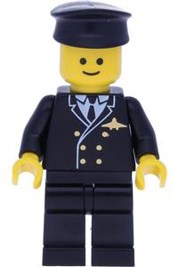 Pilot Minifigure - Pilot at an airport with dark blue legs, a dark blue top, and wearing a black hat - wc025