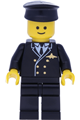 Pilot at an airport with dark blue legs, a dark blue top, and wearing a black hat - wc025