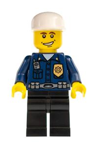Patrolman Minifigure - World City Patrolman police minifigure with a dark blue shirt bearing a badge and radio, black legs, and a white cap - wc026