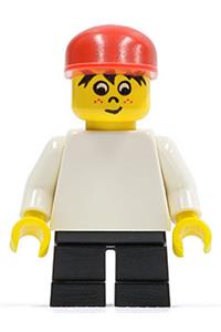 Timmy Minifigure - Timmy with black short legs, plain white torso, and a red cap - wc027