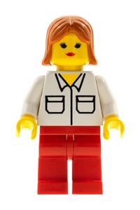 Female Minifigure - Minifigure with red legs wearing a shirt with 2 pockets and dark orange female hair - wc029