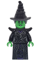 Elphaba wearing a black coat over a dress, hat, and shoulder pads - wck013