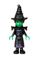 Elphaba mini-doll wearing a black dress, hat, and shoulder pads - wck025