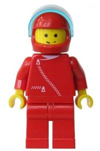 Male Racer Minifigure - Minifigure with red jacket with zipper, red legs, red helmet, and trans-light blue visor - zip002