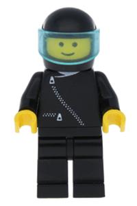 Male Racer Minifigure - Minifigure wearing a black jacket with zipper, black legs, black helmet, and a trans-light blue visor - zip003