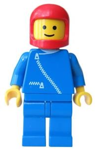 Male with Helmet and Jacket - Minifigure with blue jacket with zipper, blue legs, and red classic helmet - zip005