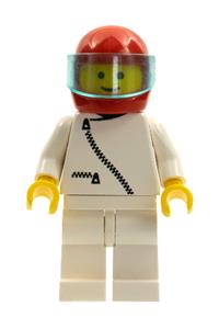 Male Racer Minifigure - Minifigure with white jacket with zipper, white legs, red helmet, and trans-light blue visor - zip006