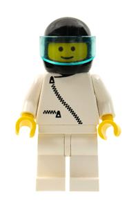 Male with Helmet and Jacket - Minifigure with white jacket with zipper, white legs, black helmet, and transparent-light blue visor - zip007