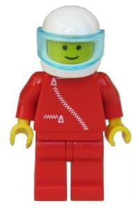 Male Racer Minifigure - Minifigure wearing a red jacket with zipper, red legs, white helmet, and trans-light blue visor - zip009
