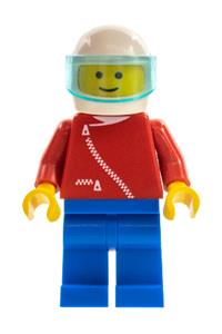 Helicopter Rescue Piolet Minifigure - Minifigure with a red jacket with zipper, blue legs, white helmet, and a trans-light blue visor - zip013