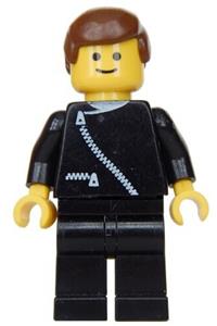 Male in Jacket with Zipper - Minifigure with black jacket with zipper, black legs, and brown male hair - zip015