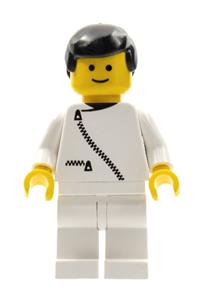 Male in Jacket with Zipper - Minifigure with white jacket with zipper, white legs, and black male hair - zip018