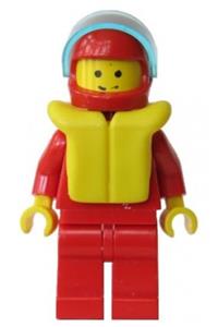Male in Jacket with Zipper - Minifigure wearing a red jacket with zipper, red legs, red helmet with a trans-light blue visor, and a life jacket - zip022