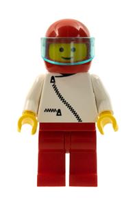 Male with Helmet and Jacket - Minifigure wearing a white jacket with zipper, red legs, red helmet, and a trans-light blue visor - zip023