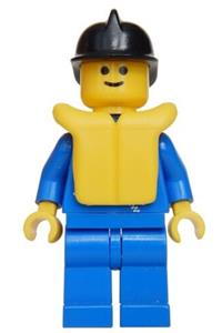 Boat Firefighter in Jacket - Minifigure wearing a black fire helmet, blue jacket with zipper, blue legs, and a life jacket - zip025