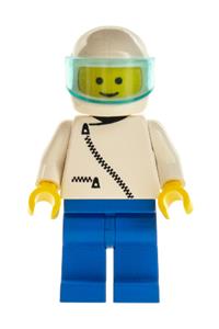 Male Pilot with Helmet Minifigure - Pilot with white jacket with zipper, blue legs, white helmet, and trans-light blue visor - zip027