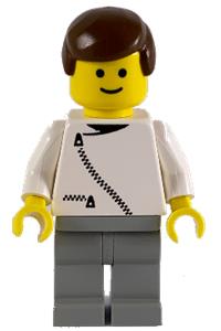 Male in Jacket with Zipper - Minifigure with white jacket with zipper, light gray legs, and brown male hair - zip029