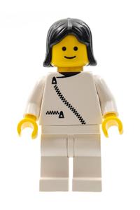 Male in Jacket with Zipper - Female minifigure with black hair, white legs, and wearing a white jacket with zipper - zip032